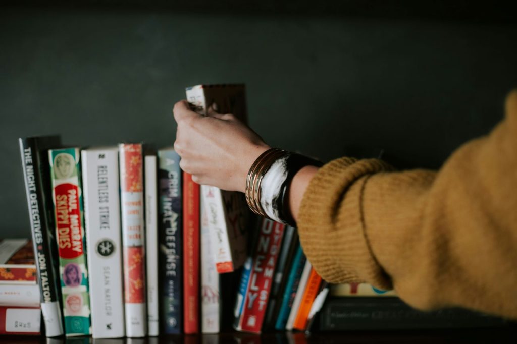 Choosing the next read, guided by clever book blurbs.