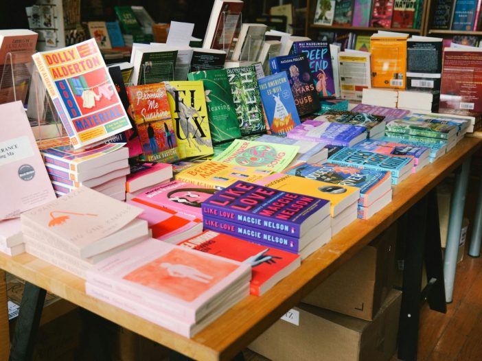 Neatly arranged books draw attention—smart lesson in how to market your book.